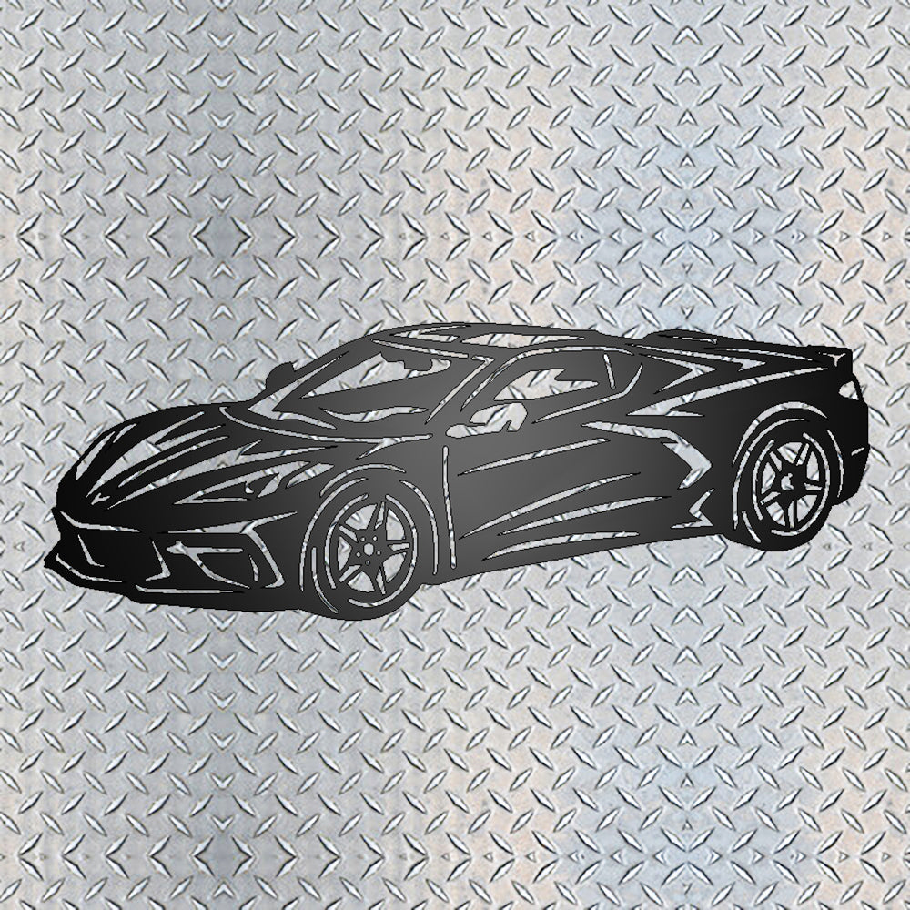 Chevrolet Corvette 2020 Metal Garage Sign Black on metal diamond plate background
