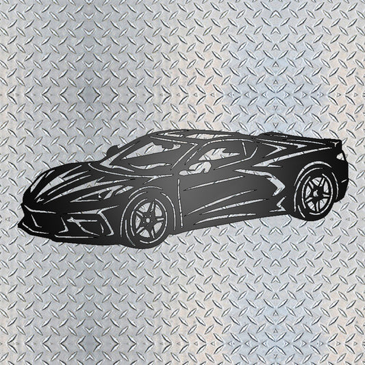 Chevrolet Corvette 2020 Metal Garage Sign Black on metal diamond plate background