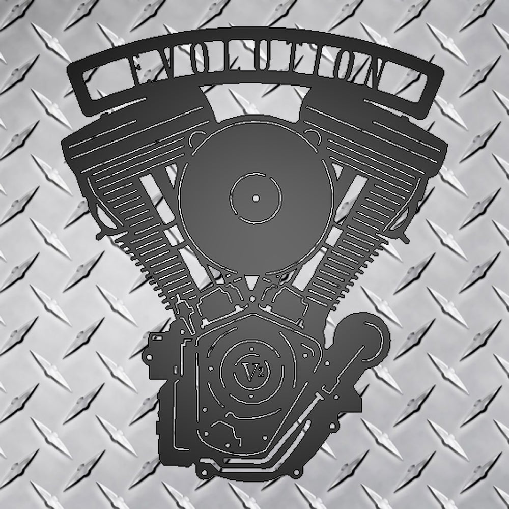 Evolution Engine Metal Garage Sign on metal diamond plate background