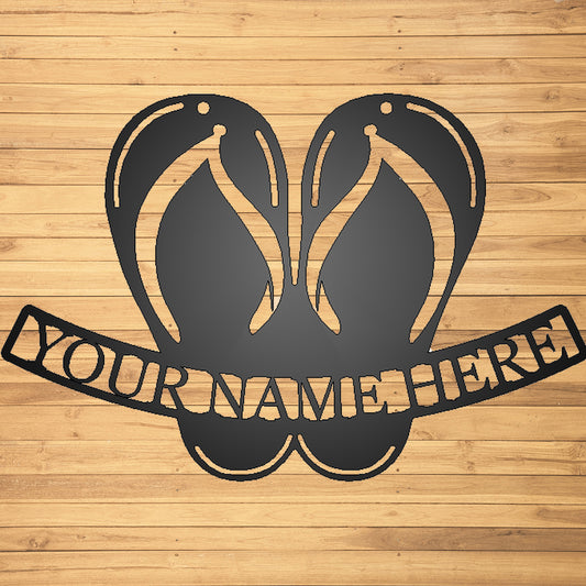 Flip Flop Metal Sign - Personalized Beach House Sign with "YOUR NAME HERE" on wood plank background