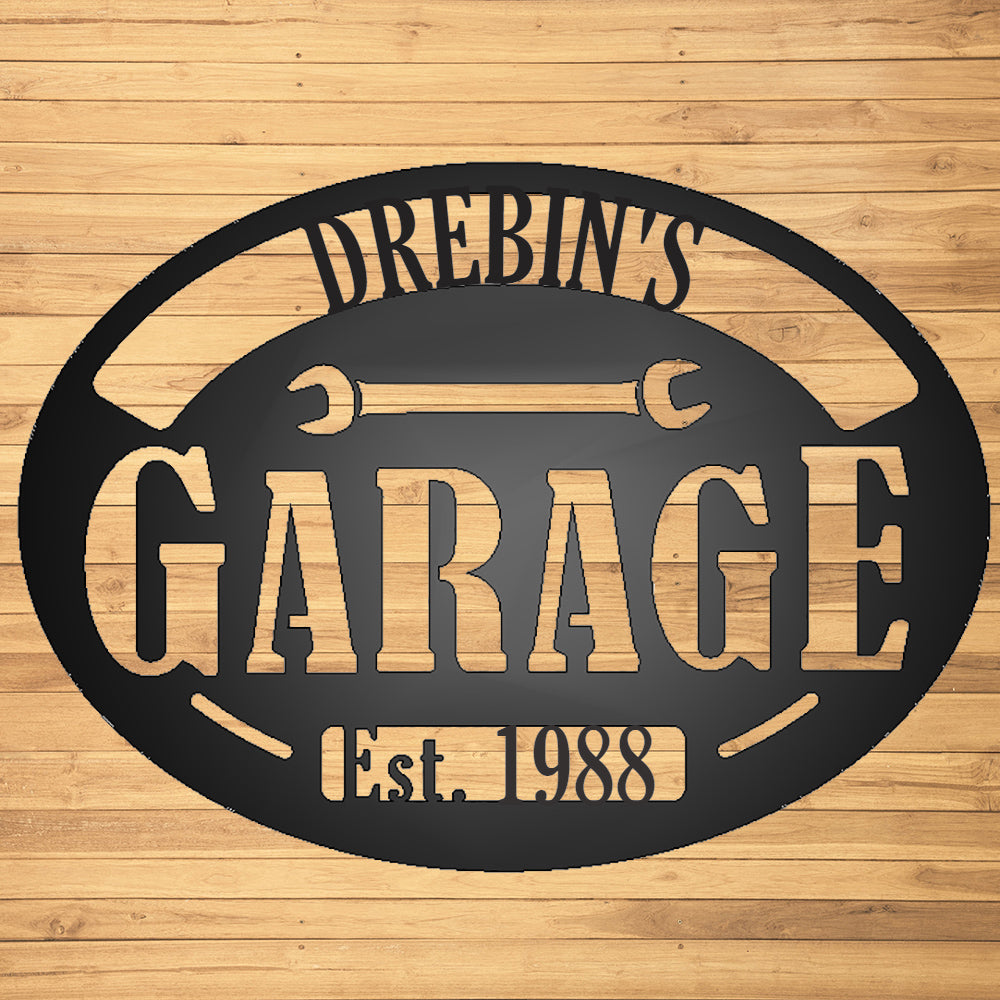 Personalized Garage with Established Date Metal Sign with "Drebin's 1988" on wood plank background