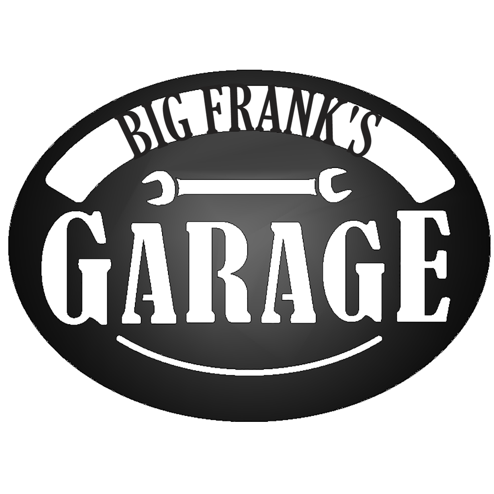 Personalized Pop's Garage Metal Sign Black with "BIG FRANK'S" personalization