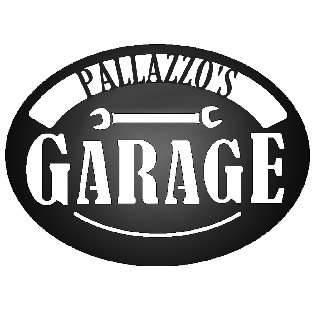 Personalized Pop's Garage Metal Sign Black with "PALLAZZO'S" personalization.