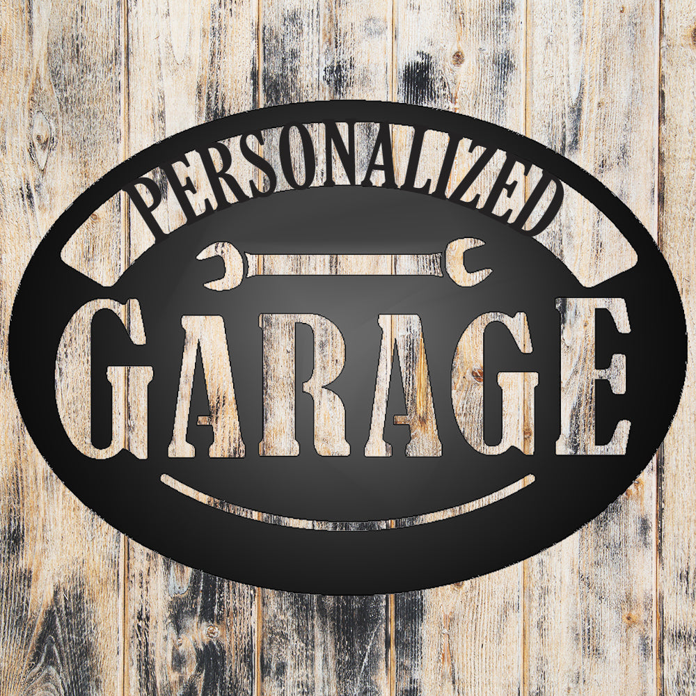 Personalized Pop's Garage Metal Sign on weathered wood background