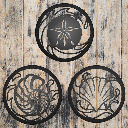 Seashells - 3 Piece Metal Signs on weathered wood background