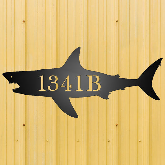 Shark Personalized Address Metal Sign Black on yellow panel background