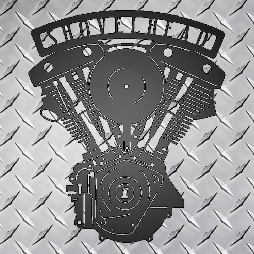 Shovelhead Engine Metal Garage Sign on metal diamond plate background