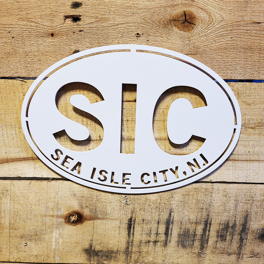 Sea Isle City New Jersey Oval Metal Wall Sign White with wood plank background