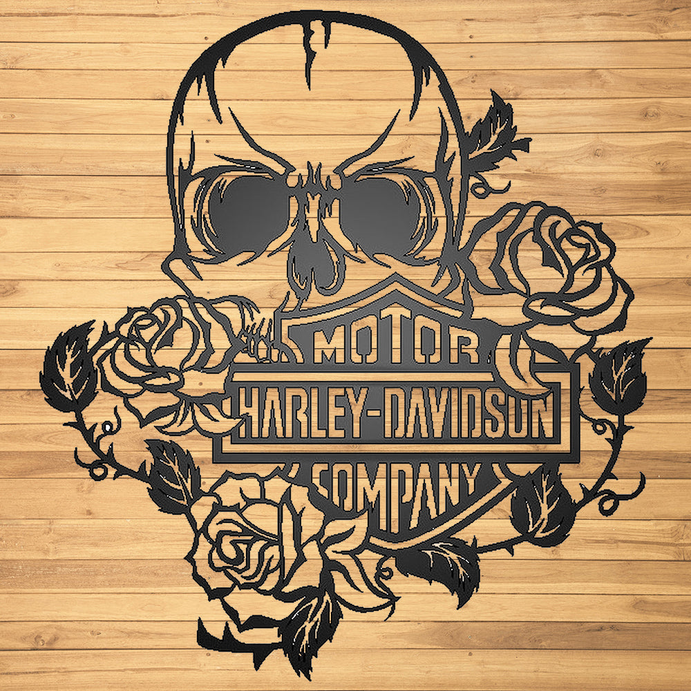 Harley Davidson Skull Roses Metal Sign Black on wood plank background