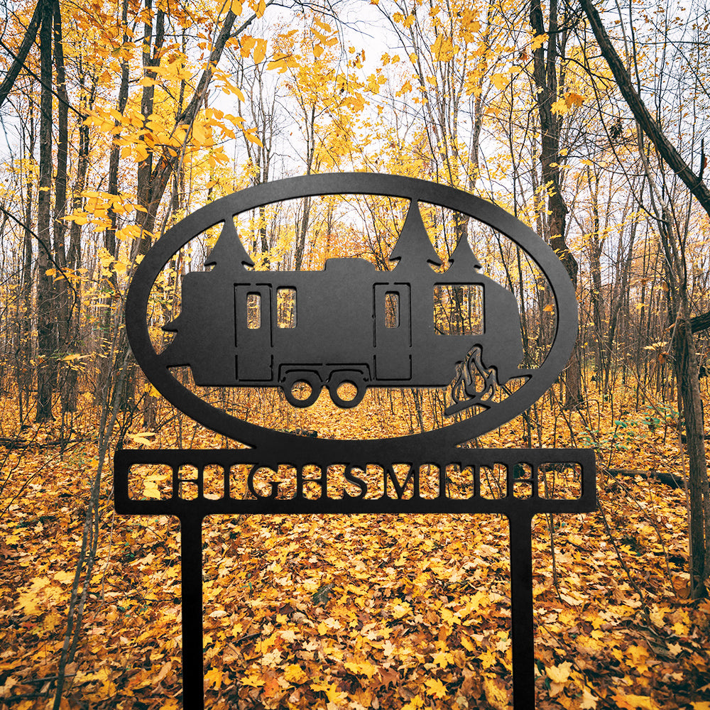 Travel Trailer with Personalized Name Metal Sign
