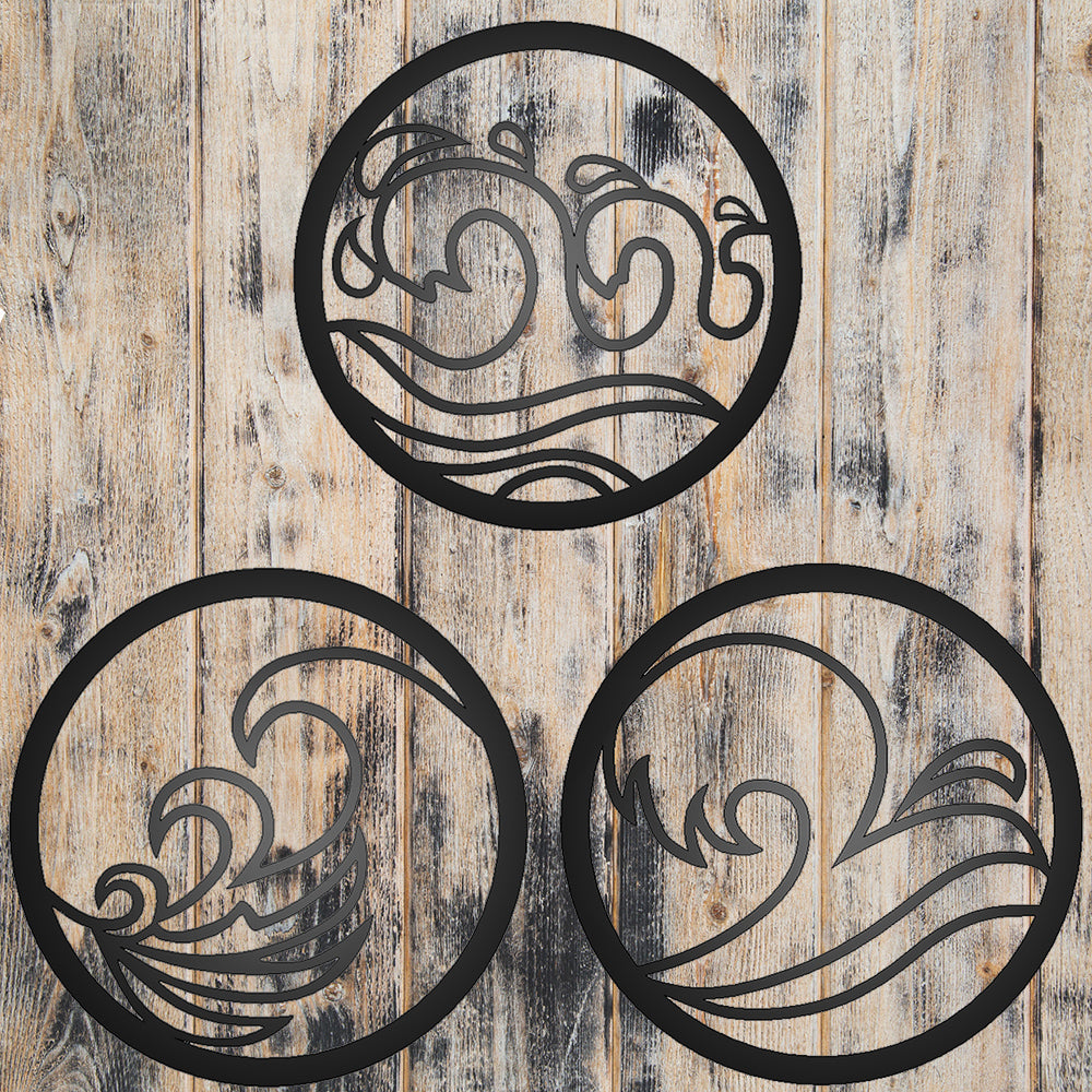 Waves -Set of 3 Metal Signs on weathered wood background
