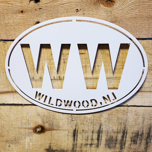 Wildwood New Jersey WW Oval Metal Wall Sign White on wood plank background