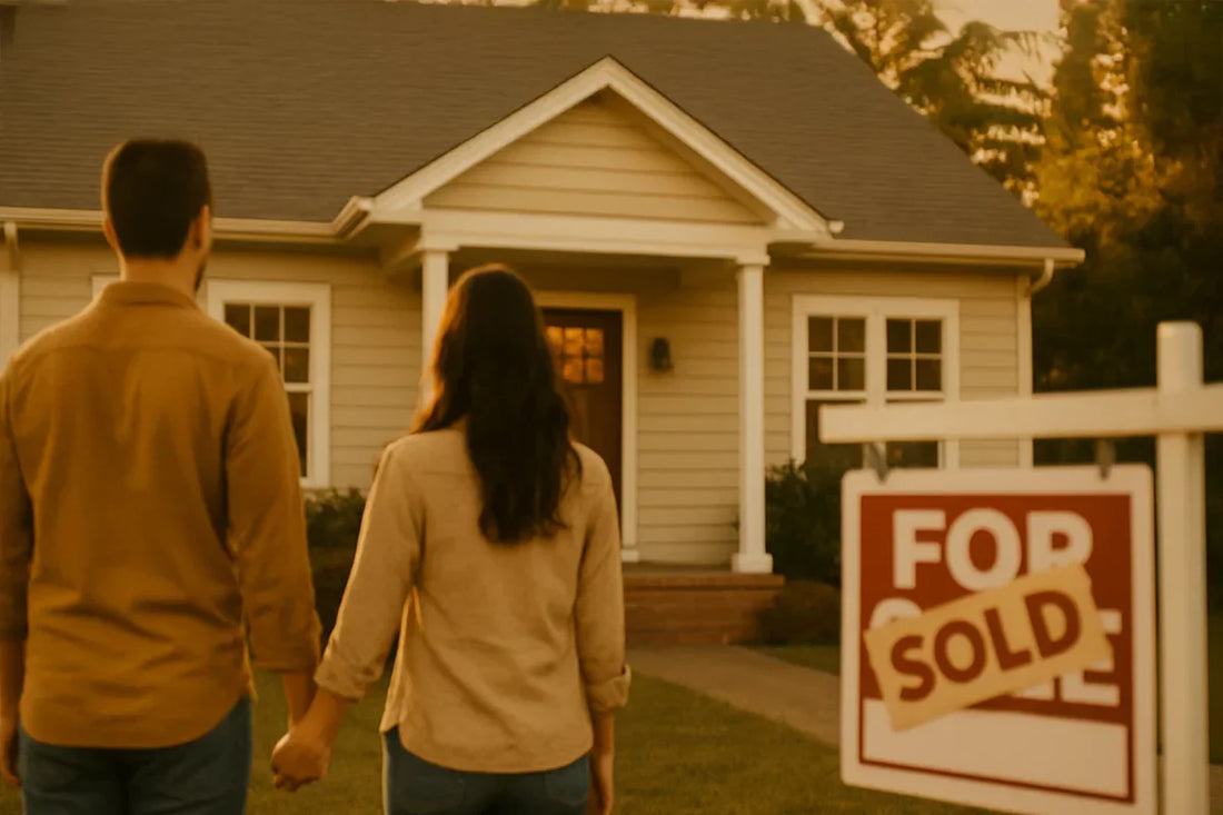 A couple holding hands looking at their newly purchased home