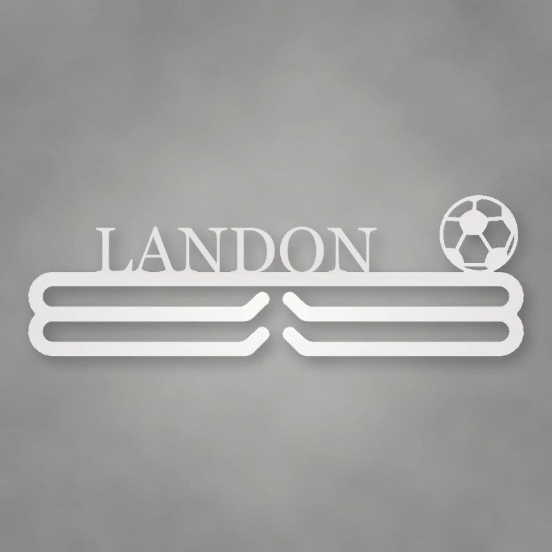 Personalized Soccer Medal Hanger shown in Gloss White powder coat finish.