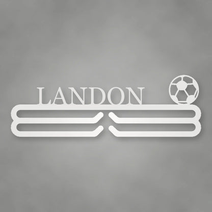 Personalized Soccer Medal Hanger shown in Gloss White powder coat finish.