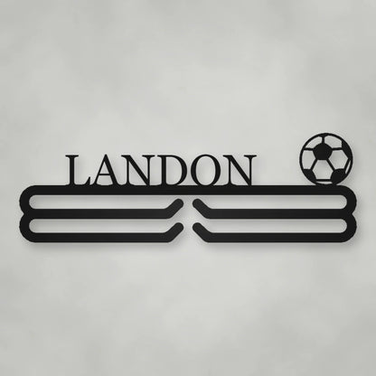 Personalized Soccer Medal Hanger shown in Matte Black powder coat finish.