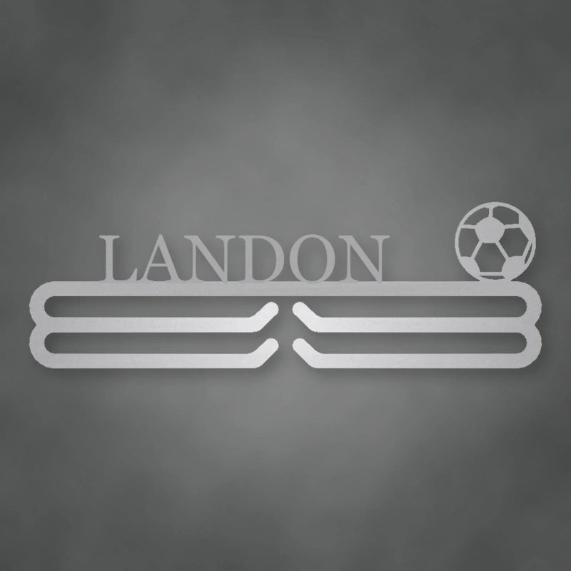 Personalized Soccer Medal Hanger shown in Metallic Silver powder coat finish.