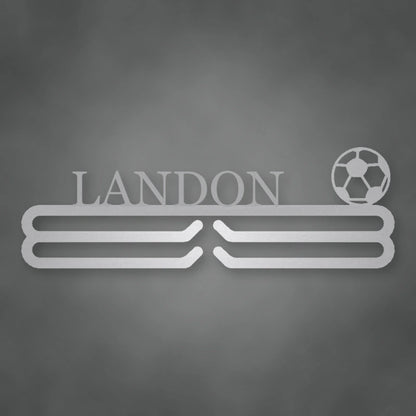 Personalized Soccer Medal Hanger shown in Metallic Silver powder coat finish.