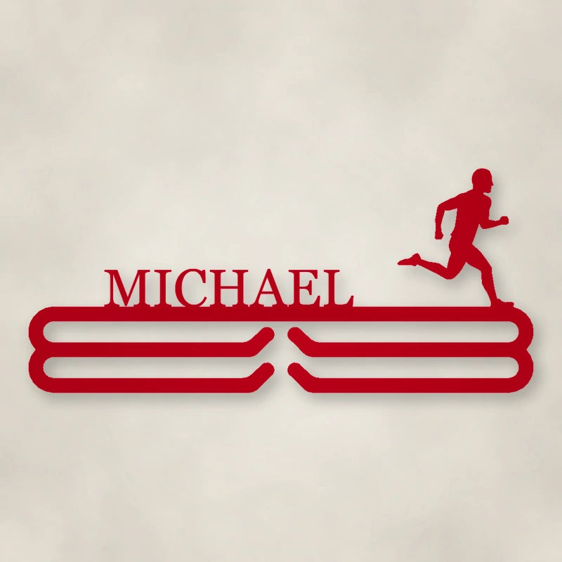 Personalized Male Runner Silhouette Medal Hanger shown in Gloss Red powder coat finish.