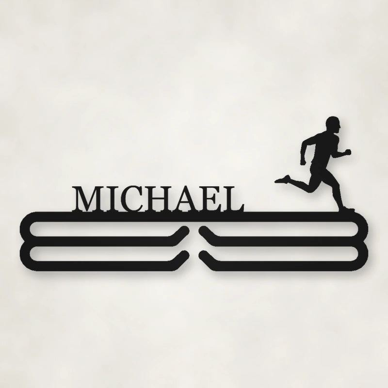 Personalized Male Runner Silhouette Medal Hanger shown in Matte Black powder coat finish.