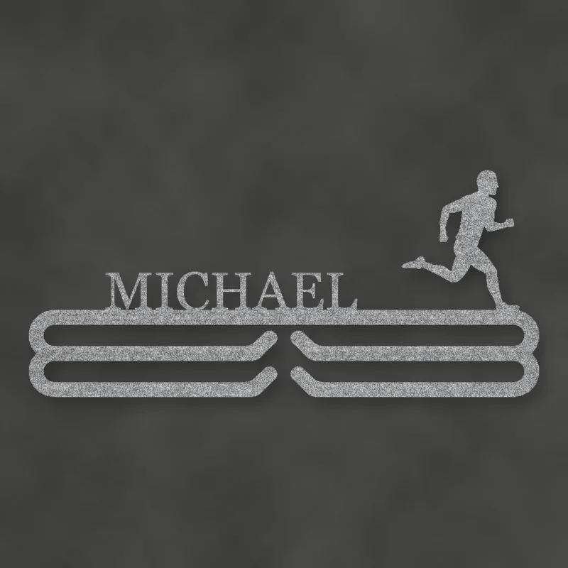 Personalized Male Runner Silhouette Medal Hanger Raw Steel / Rust animated finish preview Shopify Ready.