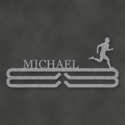 Personalized Male Runner Silhouette Medal Hanger Raw Steel / Rust animated finish preview Shopify Ready.