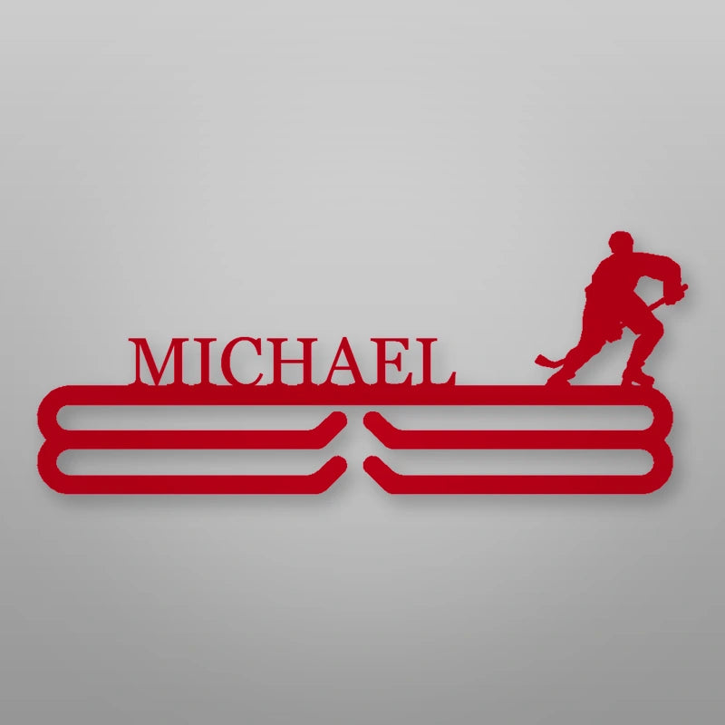 Personalized Ice Hockey Medal Hanger shown in Gloss Red powder coat finish.
