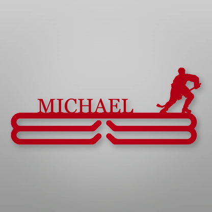 Personalized Ice Hockey Medal Hanger shown in Gloss Red powder coat finish.