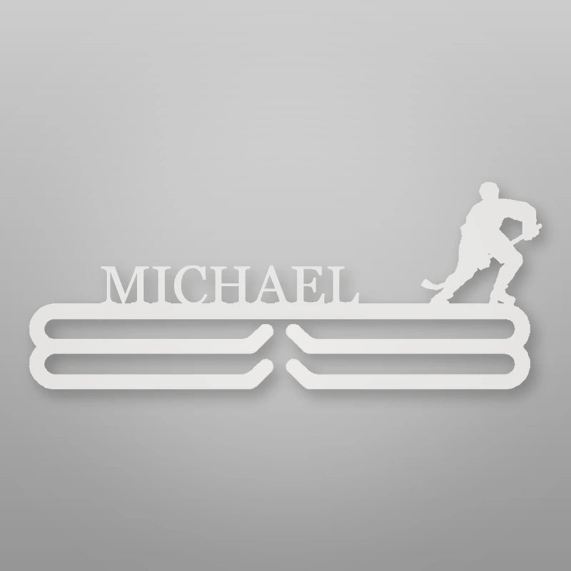 Personalized Ice Hockey Medal Hanger shown in Gloss White powder coat finish.