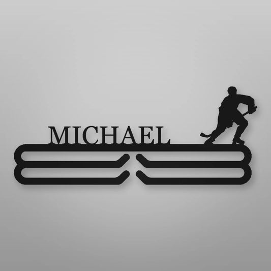 Personalized Ice Hockey Medal Hanger shown in Matte Black powder coat finish.