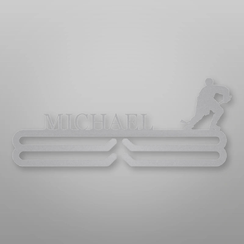 Personalized Ice Hockey Medal Hanger shown in Metallic Silver powder coat finish.