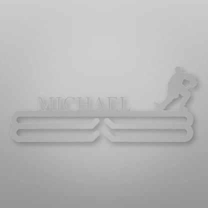 Personalized Ice Hockey Medal Hanger shown in Metallic Silver powder coat finish.