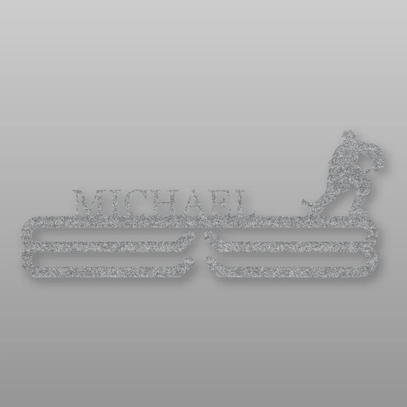 Personalized Ice Hockey Medal Hanger Raw Steel / Rust animated finish preview Shopify Ready.