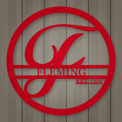 Personalized Round Family Name With Initial & Established Date Metal Sign shown in Gloss Red powder coat finish.