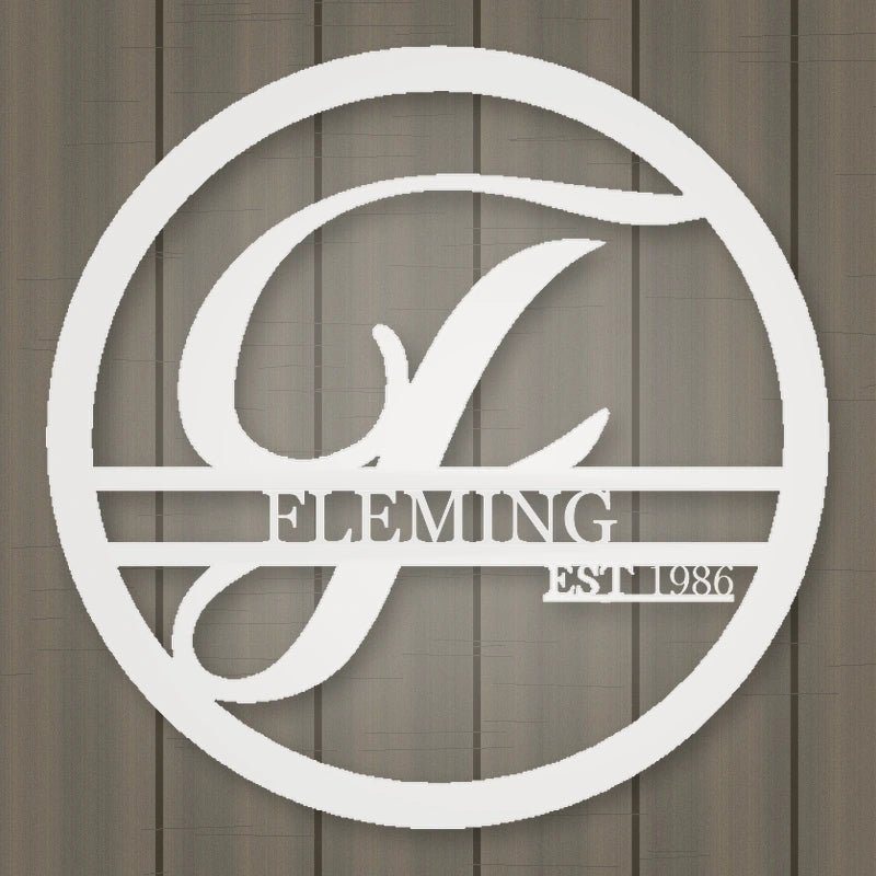 Personalized Round Family Name With Initial & Established Date Metal Sign shown in Gloss White powder coat finish.