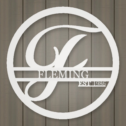 Personalized Round Family Name With Initial & Established Date Metal Sign shown in Gloss White powder coat finish.