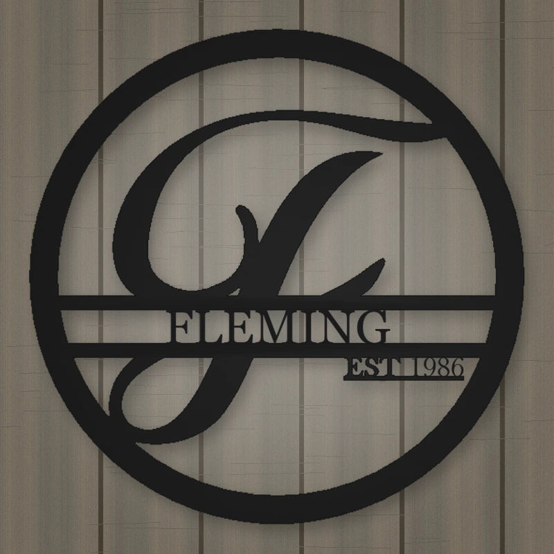 Personalized Round Family Name With Initial & Established Date Metal Sign shown in Matte Black powder coat finish.