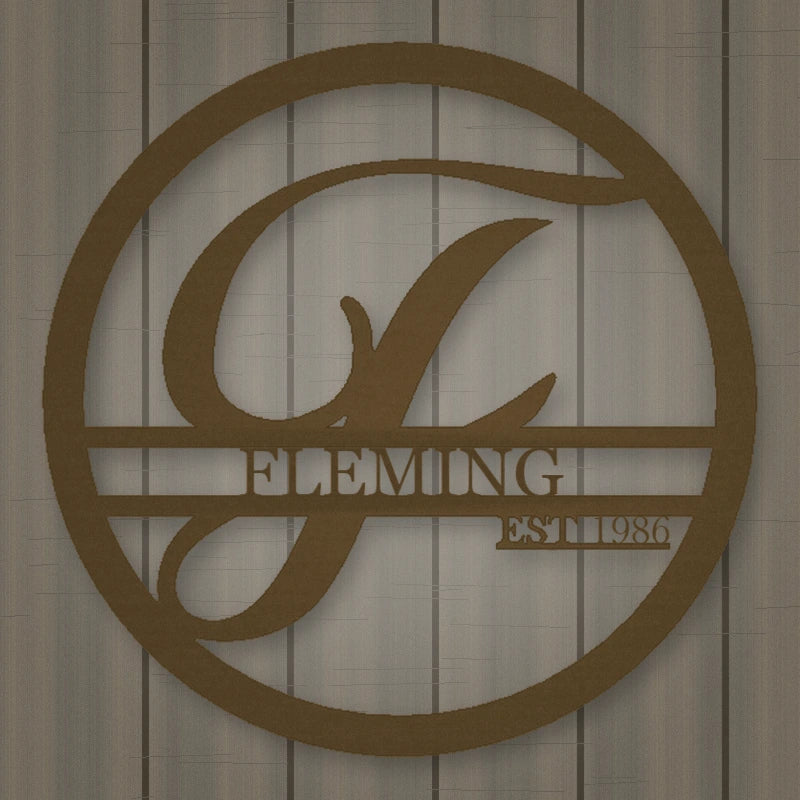 Personalized Round Family Name With Initial & Established Date Metal Sign shown in Metallic Bronze powder coat finish.