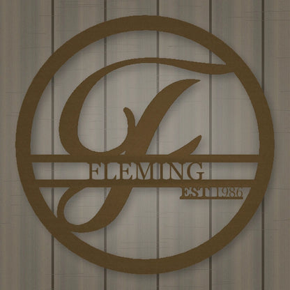 Personalized Round Family Name With Initial & Established Date Metal Sign shown in Metallic Bronze powder coat finish.