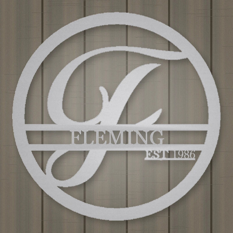 Personalized Round Family Name With Initial & Established Date Metal Sign shown in Metallic Silver powder coat finish.