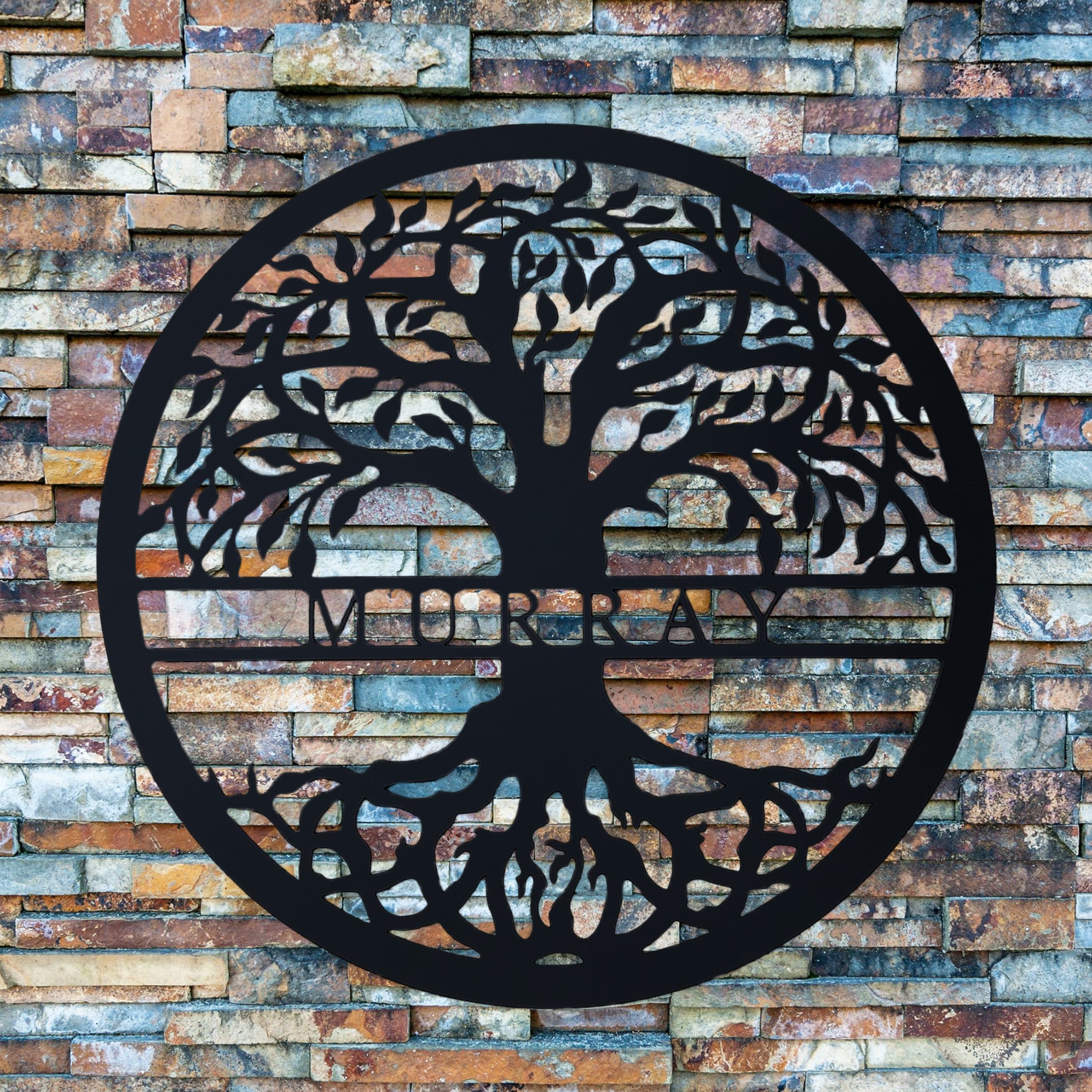 Tree of Life with Personalized Name Metal Sign Black Murray - on slate wall