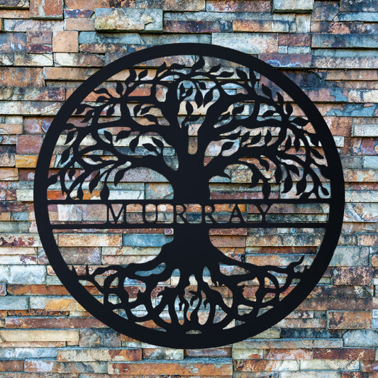 Tree of Life with Personalized Name Metal Sign Black Murray - on slate wall