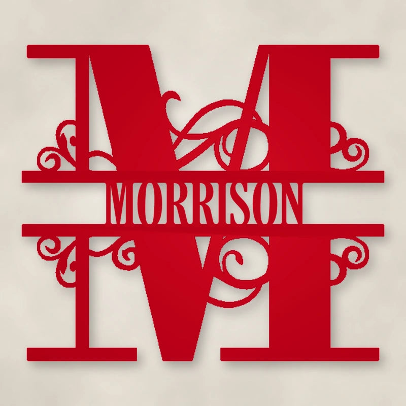 Scroll Monogram Metal Family Name Sign shown in Gloss Red powder coat finish.