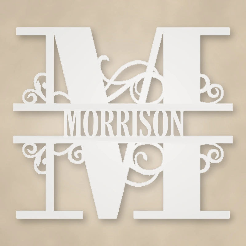 Scroll Monogram Metal Family Name Sign shown in Gloss White powder coat finish.