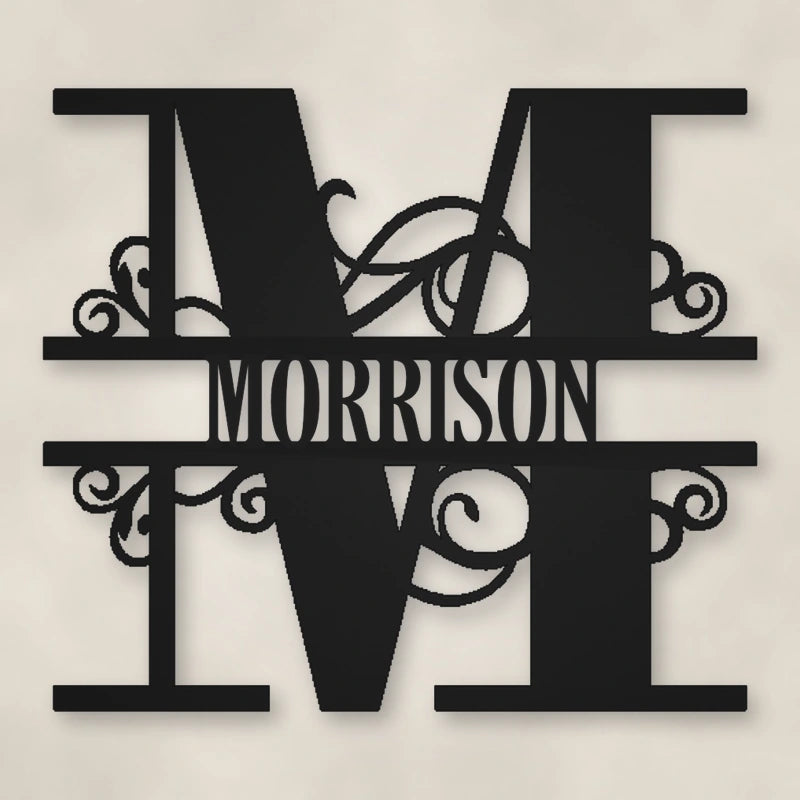 Scroll Monogram Metal Family Name Sign shown in Matte Black powder coat finish.
