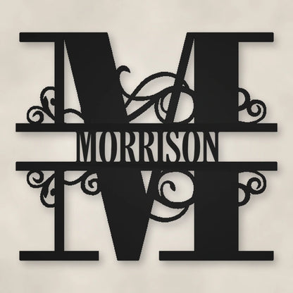 Scroll Monogram Metal Family Name Sign shown in Matte Black powder coat finish.