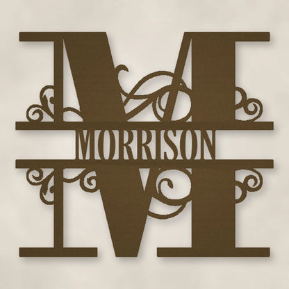 Scroll Monogram Metal Family Name Sign shown in Metallic Bronze powder coat finish.