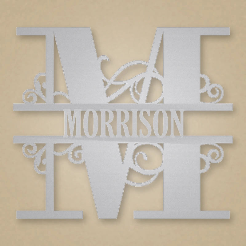 Scroll Monogram Metal Family Name Sign shown in Metallic Silver powder coat finish.
