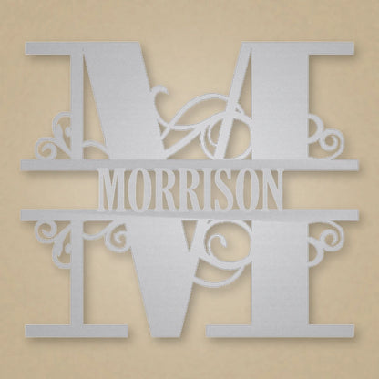 Scroll Monogram Metal Family Name Sign shown in Metallic Silver powder coat finish.