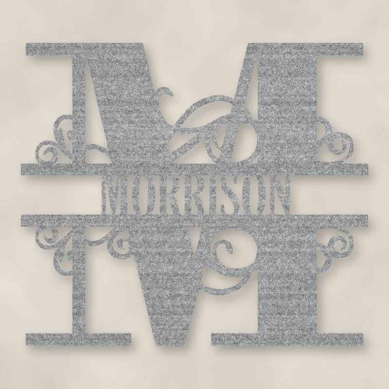 Scroll Monogram Metal Family Name Sign Raw Steel / Rust animated finish preview Shopify Ready.